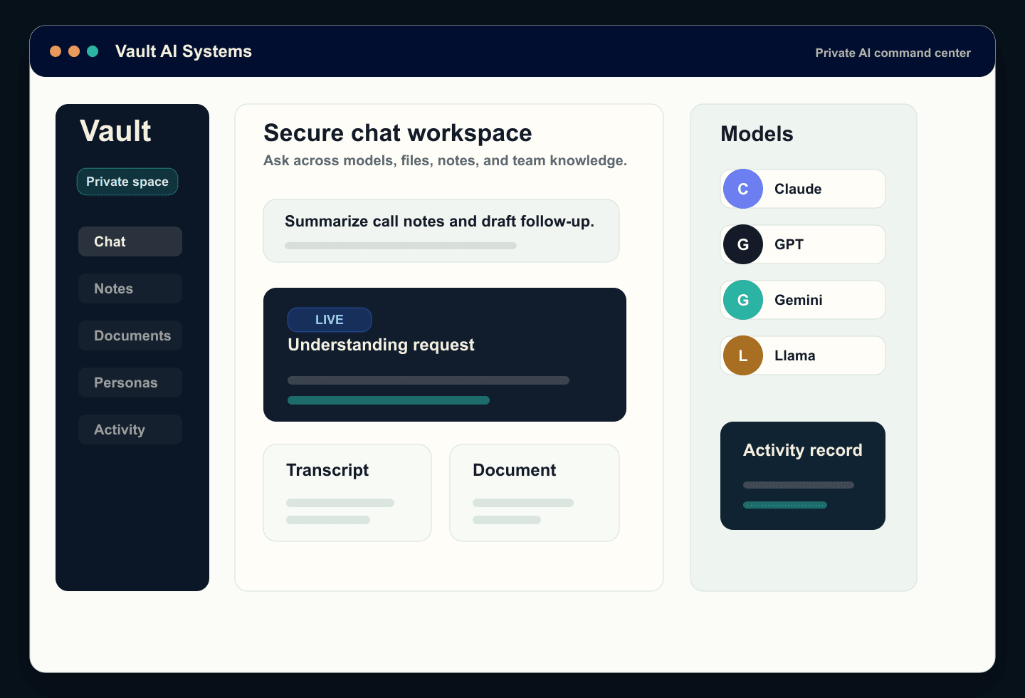 Vault AI workspace dashboard with chats, documents, meetings, and model controls.