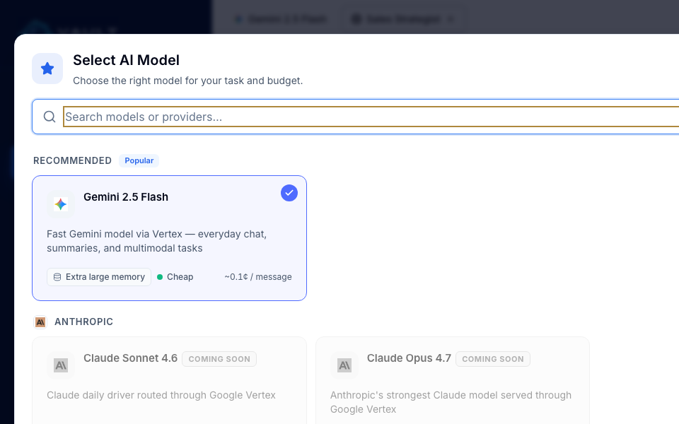 Vault model picker showing multiple AI models available in one workspace.