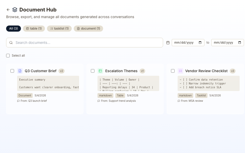 Vault document hub showing generated documents and artifacts.