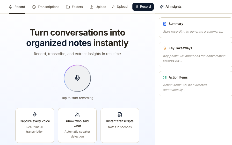 Vault transcription screen with recording controls and AI insights.