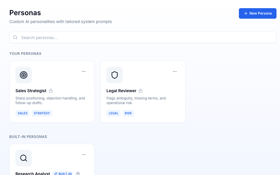 Vault personas page with custom role-specific AI assistants.